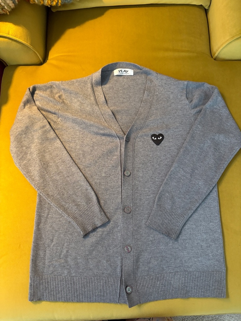 Comme des Garçons PLAY Gray V-Neck Button Cardigan with Black Heart Patch
